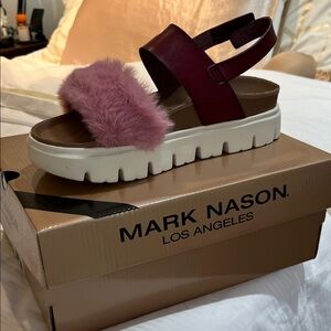 Mark Nason Women's Sandals with Pink Fur and Burgundy Strap